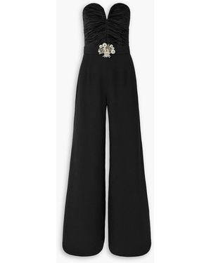 Andrew Gn Strapless Embellished Ruched Plissé-satin And Crepe Jumpsuit - Black