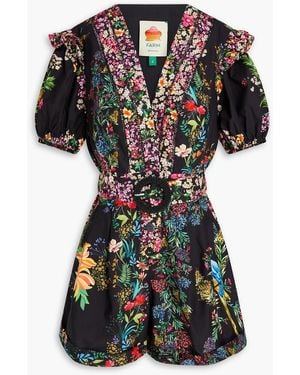 FARM Rio Belted Embellished Floral-Print Cotton Playsuit - Black
