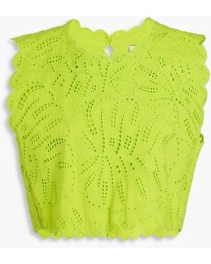 FARM Rio Cropped Broderie Anglaise Cotton Top - Green
