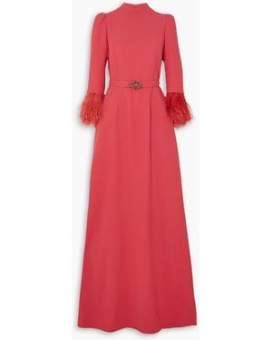 Andrew Gn Belted Crystal And Feather-embellished Crepe Gown - Red