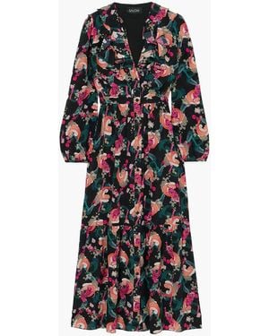 Saloni Venyx Ginny Ruffled Printed Silk Crepe De Chine Midi Dress - Black