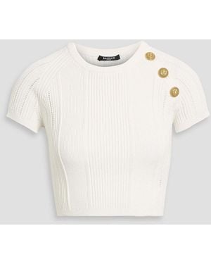 Balmain Cropped Pointelle-Knit Top - White