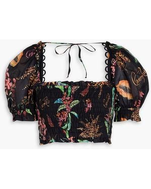 Charo Ruiz Liro Cropped Printed Cotton-Blend Voile Top - Black