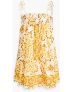 FARM Rio Floral-Print Swiss-Dot Cotton Mini Dress - Yellow