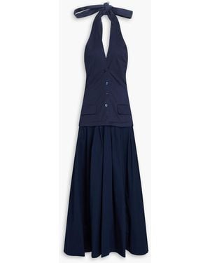 STAUD Harrington Pleated Cotton-blend Twill And Poplin Halterneck Maxi Dress - Blue