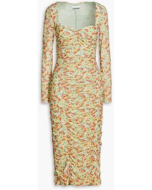 GANNI ストレッチメッシュ ミディワンピース ルーシュ&プリント GANNI ストレッチメッシュ ミディワンピース ルーシュ入り