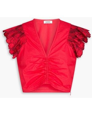 Sandro Cropped Embroidered Cotton-Blend Poplin Top