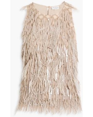 Brunello Cucinelli Embellished Silk Crepe De Chine Top - Natural