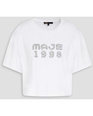 Maje Cropped Embellished Cotton-jersey T-shirt - White