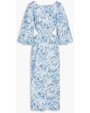 Saloni Neela Cutout Printed Linen Midi Dress - Blue