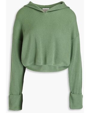 Brunello Cucinelli Cropped Bead-embellished Ribbed-knit Hoodie - Green