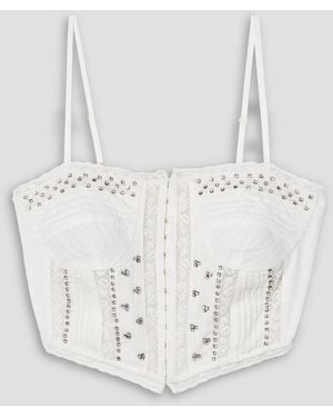 LoveShackFancy Rosabella Cropped Lace-trimmed Crystal-embellished Cotton-voile Top - White