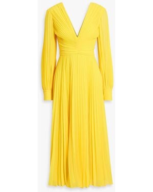 Badgley Mischka Plissé-Chiffon Midi Dress - Yellow