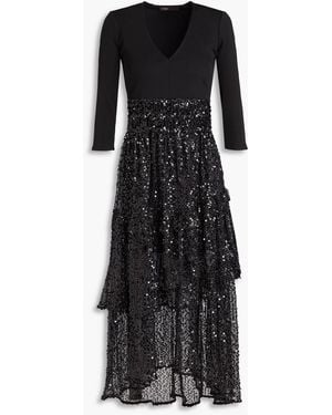 Maje Sequined Tiered Open-knit And Stretch-jersey Midi Dress - Black