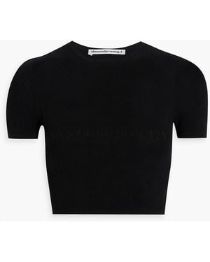 T By Alexander Wang Cropped Appliquéd Pointelle-knit Top - Black