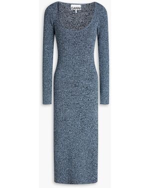 Ganni Mélange Ribbed-knit Midi Dress - Blue
