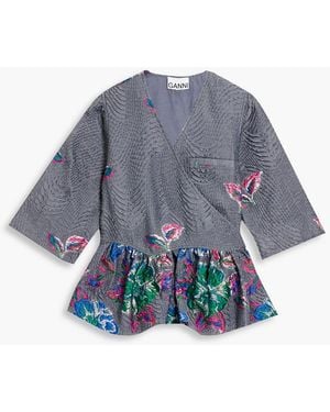 Ganni Fil Coupé Cloqué Wrap Blouse - Blue