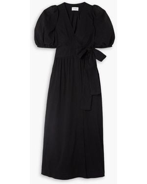 Three Graces London Bronwyn Swiss-dot Cotton-seersucker Maxi Wrap Dress - Black