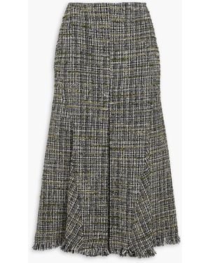 Erdem Pleated Frayed Bouclé-tweed Midi Skirt - Grey