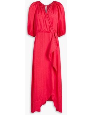 Saloni Wrap-Effect Silk-Satin Jacquard Midi Dress - Red