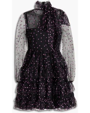 RED Valentino Pussy-bow Tiered Glittered Tulle Mini Dress - Black