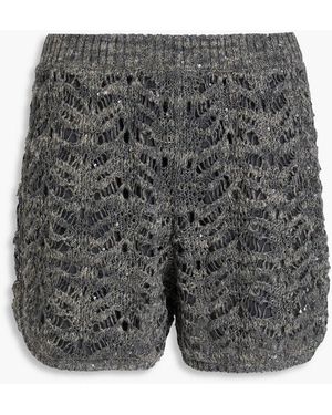 Brunello Cucinelli Sequin-Embellished Open-Knit Shorts - Grey