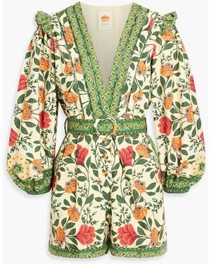 FARM Rio Belted Pleated Floral-Print Cotton-Poplin Playsuit - Green