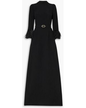 Andrew Gn Belted Crystal And Feather-embellished Crepe Gown - Black