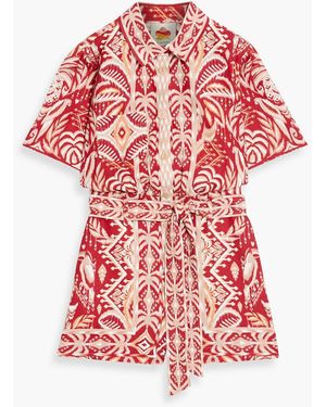 FARM Rio Printed Linen-Blend Playsuit - Red