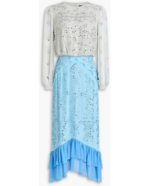 Saloni Isa Embellished Ruffled Silk Midi Dress - Blue