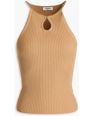 Sandro Crystal-embellished Cutout Ribbed-knit Top - Natural