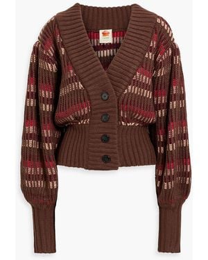 FARM Rio Striped Ribbed-Knit Cardigan - Brown