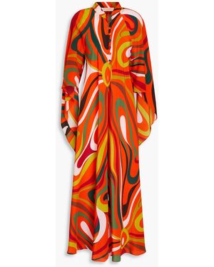 PUCCI Draped Printed Silk Crepe De Chine Maxi Shirt Dress - Orange
