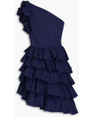 Marchesa One-shoulder Ruffled Taffeta Mini Dress - Blue