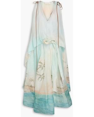 Zimmermann Printed Linen And Silk-Blend Gauze Gown - Blue