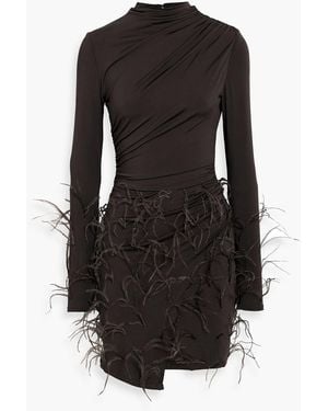 LAPOINTE Feather-Trimmed Ruched Stretch-Jersey Mini Dress - Black