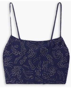 STAUD Fermo Cropped Bead-embellished Tulle Top - Blue