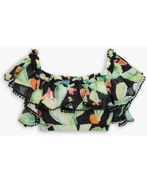 Charo Ruiz Girona Off-The-Shoulder Cropped Printed Cotton-Blend Voile Top - Green
