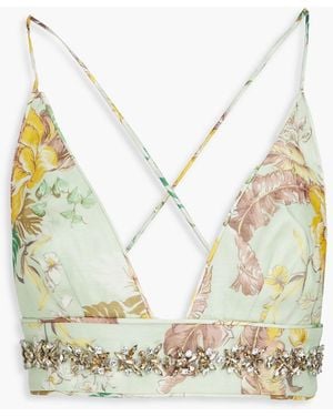 Zimmermann Crystal-embellished Floral-print Linen And Silk-blend Bra Top - Blue