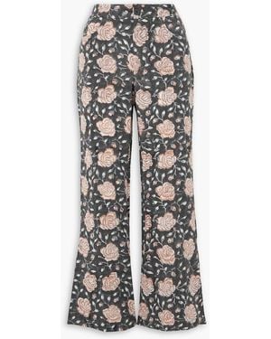 BATSHEVA Lawyer Cropped Floral-print Cotton Flared Trousers - White