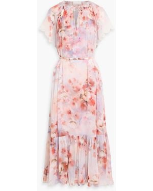 Zimmermann Belted Scalloped Floral-Print Chiffon Midi Dress - Pink