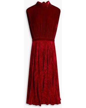 Saloni Fleur Pleated Velvet Midi Dress - Red