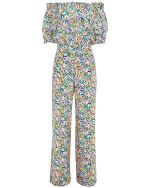 Saloni Juli Off-the-shoulder Printed Crepe De Chine Wide-leg Jumpsuit - Blue