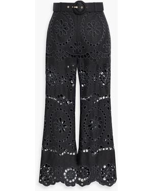 Zimmermann Belted Broderie Anglaise Linen Kick-Flare Pants - Black