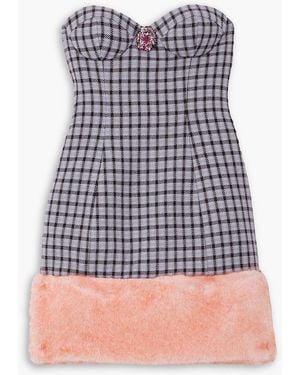 Area Strapless Embellished Plush-trimmed Houndstooth Wool-blend Mini Dress - Purple