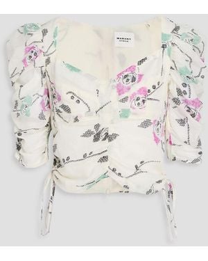 Isabel Marant Galaor Cropped Ruched Printed Cotton-Voile Blouse - White