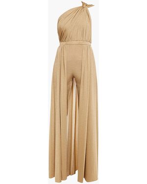 Halston Ira One-Shoulder Twist-Front Layered Lurex Jumpsuit - Natural