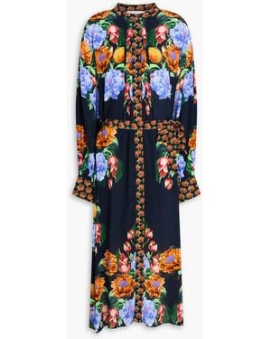 Borgo De Nor Pintucked Floral-print Crepe De Chine Midi Shirt Dress - White