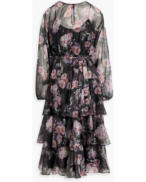 Mikael Aghal Floral-Print Metallic Fil Coupé Chiffon Midi Dress - Black