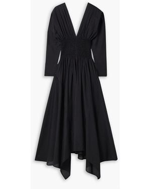 Salon 1884 Shirred Asymmetric Striped Cotton-poplin Maxi Dress - Black